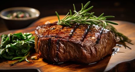  a grilled steak sitting on a wooden table, © ArtCookStudio