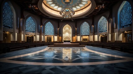 Fototapeta na wymiar Expansive view of an Islamic cultural center's interior, focusing on a mosaic podium.