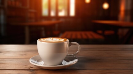 a large coffee cup sits on a wooden table