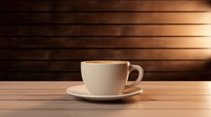 a large coffee cup sits on a wooden table