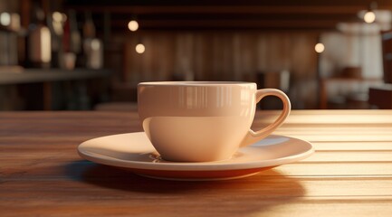 a large coffee cup sits on a wooden table