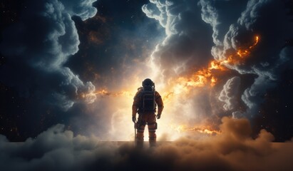 Fototapeta na wymiar a man in space walking through a glowing space