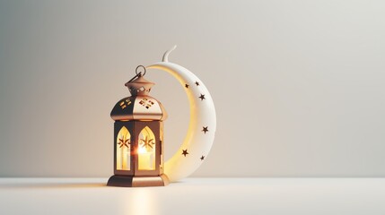 Islamic Background, Lantern, gold crescent moon on white. design concept of ramadan kareem, mawlid, iftar, Isra and miraj or eid al fitr adha, copy space text area, 3D illustration render - obrazy, fototapety, plakaty