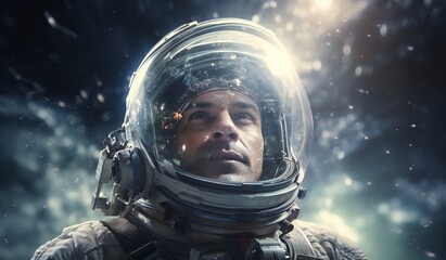 a man in space walking through a glowing space