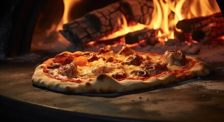 a pizza cooking in a wood burning oven