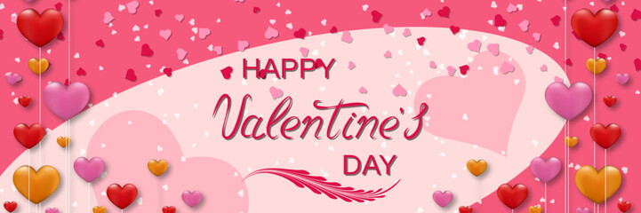 Valentine's Day elegant vector illustration. Pink background with hearts and lettering
