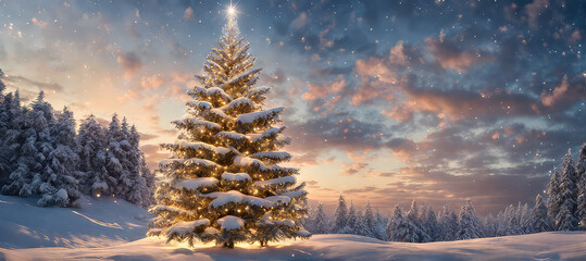 christmas tree in the snow, the time before sunset a beautiful chrismas tree in the evening, generative AI