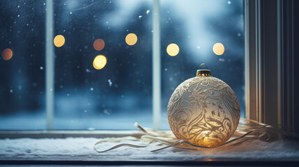 A faded Christmas ornament lying forgotten on a snowy window sill, with a cold winter night outside.