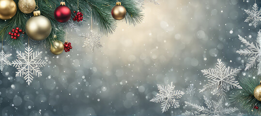  Generative AI, Christmas Background in white color with fir or christmas tree branches, baubles or balls in golden color, snowflakes in background, 