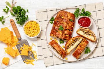 Breakfast Braid with ground beef, eggs, top view