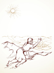 Vector drawing. A man in the desert sees a mirage