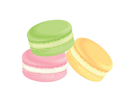 Сolorful french macarons isolated on white. Vector cartoon illustration of sweet dessert.