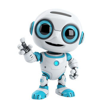 Cute 3d robot with pointing his index finger solated on transparent background. Customer support ai chatbot. Technology concept.