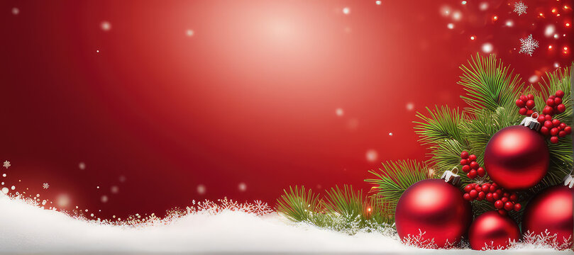 Snow and fir leaf r branches in  a christmas background with red balls in red background, a premium banner in chrismas theme, generative AI