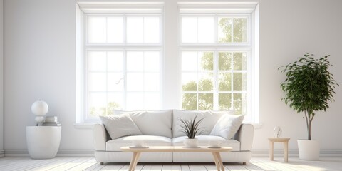 Stylish white home with comfy sofa, armchair, and coffee table by large window