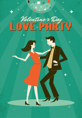 Retro poster romantic dance couple flat-illustration. Retro style with  turquoise background and vintage texture. 