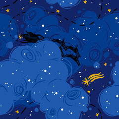 Dark sky with stars and flying santa claus pattern