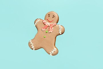 Brown gingerbread cookie on color background.