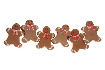 Six brown gingerbread cookies on white background.