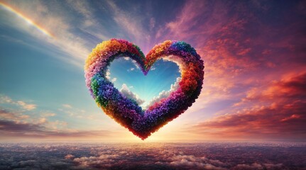  A stunning, multi-dimensional heart floating in the sky, painted with a rainbow of hues and patterns 