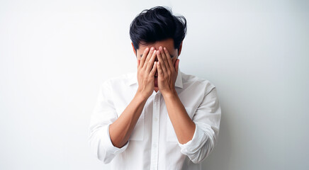 Young Adult Asian Male Wearing White Shirt Covers His Face by Hands, Gesturing He Has Made a Big Mistake or Has a Big Problem - Really Sad, Head in Hands
