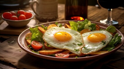 Plate of fried eggs with greens, glass of wine, appetizing meal served in a brasserie restaurant or homemade preparation, tomato salad with toasts and egg, eating lettuce with bread croutons at home