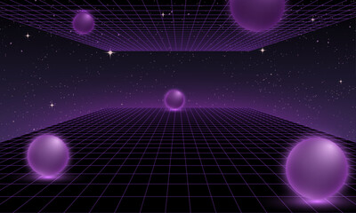 Synthwave wireframe net illustration. Abstract digital background. 80s, 90s Retro futurism, Retro wave cyber grid. Deep space surfaces. Neon lights glowing. Starry background. Vector 3D Rendering