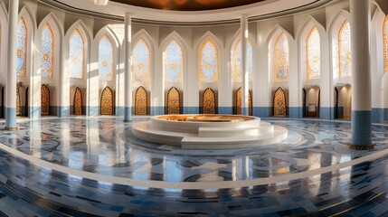 Obraz premium Panoramic view of an Islamic cultural center with a mosaic-decorated podium.