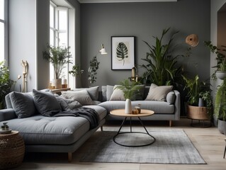 Modern scandinavian interior of living room with design grey sofa