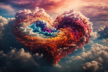 A vibrant, swirling heart made of clouds, bursting with colors of love and passion - obrazy, fototapety, plakaty