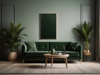 Modern scandinavian interior of living room with design green sofa