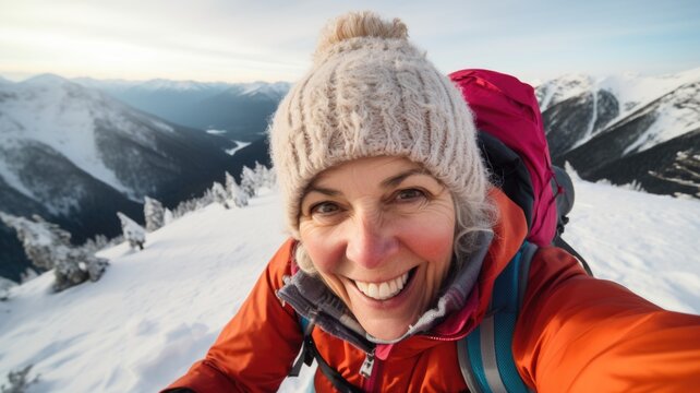 Traveler influencer taking selfie during travel in winter season backpack on alps mountain comeliness