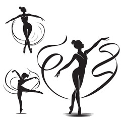 Vector Illustration of silhouette ballet dancers with swirl decorations. - obrazy, fototapety, plakaty