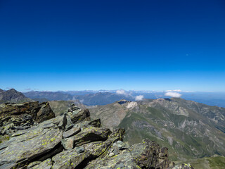 Scenic view from summit Viso Mozzo on mountain ranges of Cottian Alps, Cuneo, Piemonte, Italy,...