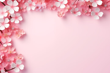 Fototapeta na wymiar Spring, Sakura Flowers, Pink Background with Text Banner Space. AI generated.