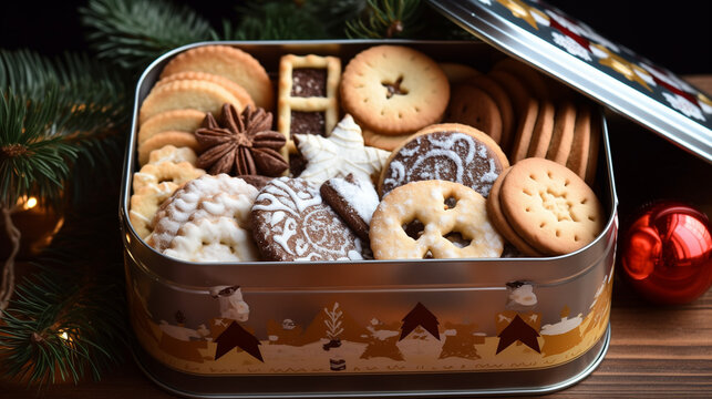 Bredele ou g&acirc;teaux de no&euml;l traditionnels d'Alsace, Est de la France, dans une bo&icirc;te en fer et un d&eacute;cor d'hiver