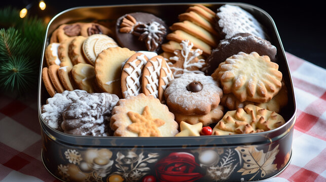 Bo&icirc;te en fer remplie de g&acirc;teaux de No&euml;l alsaciens appel&eacute;s bredele, recette de grand-m&egrave;re de l'Est de la France, biscuits sabl&eacute;s vari&eacute;s