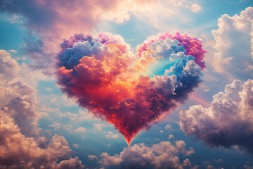  beautiful colorful valentine day heart in the clouds as abstract background - obrazy, fototapety, plakaty