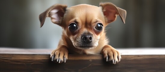 Sick brown chihuahua dog in front view, displaying sad expression. - obrazy, fototapety, plakaty