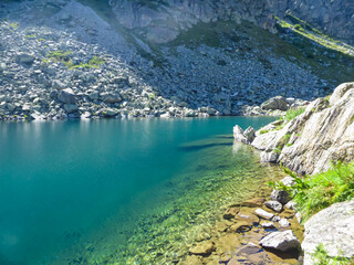 Scenic close up view of lake Lago Grande di Viso in Cottian Alps, Cuneo, Piemonte, Italy, Europe....