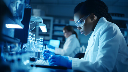 Black African american female research scientist working in a lab with gloves