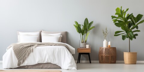 Elegant bedroom with cozy bed, nightstand, and lovely houseplant.