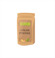Dry ginger powder in a pack. Ayurvedic remedy and spice for cooking. Isolated cartoon vector illustration.