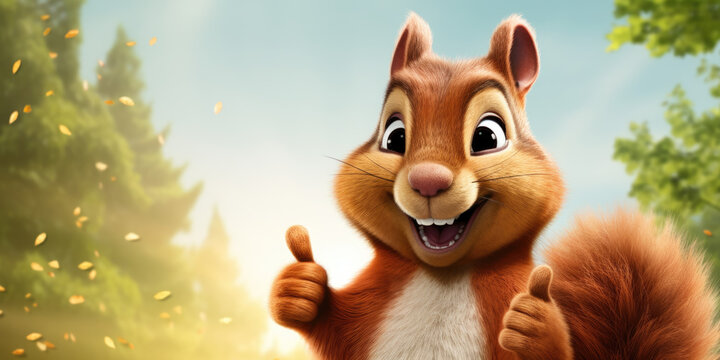 A cute squirrel smiles and gives a thumbs-up in a wide banner with a clean, single-colored background.