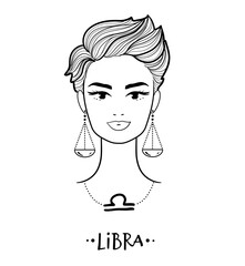 Vector illustration of Libra zodiac sign line art female face portrait