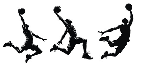set of silhouette illustration a basketball player performing a slam dunk