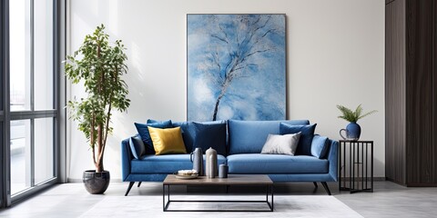 Contemporary living room with blue velvet sofa, artwork, designer furniture, plant, table, decorations, concrete floor, elegant accessories.