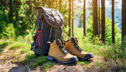 Brown hiking boots and travel backpack standing on a trail with a green nature forest landscape mountain background. Hiking, adventure and  explore concept. ai generated.