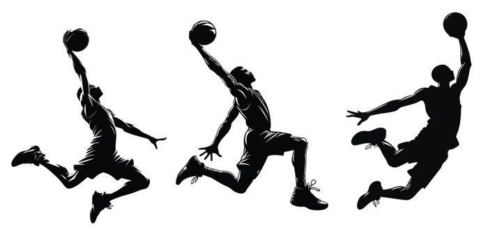 set of silhouette illustration a basketball player performing a slam dunk
