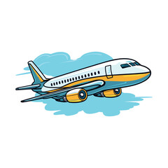 Vector Illustration of a stylized airplane with yellow and blue colors on a cloud background